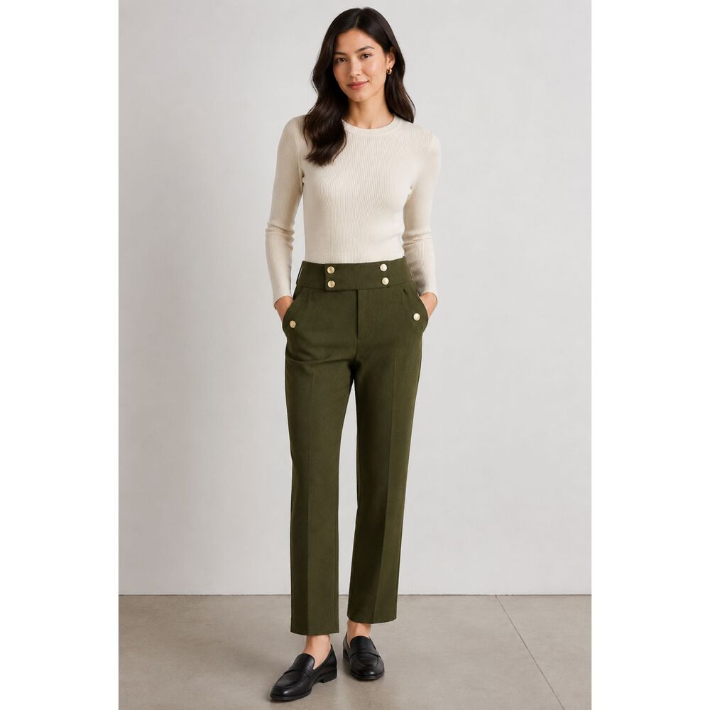 Club Monaco Womens Size 0 Army Green Pants Gold Buttons Pockets Nautical U3